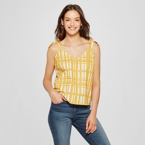 Universal Thread 100% Cotton Semi Sheer Plaid Faux Shoulder Self Tie Tank Top M - Picture 1 of 5